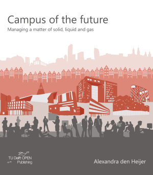 Abstract overlay of (university) campus buildings and students and researchers.