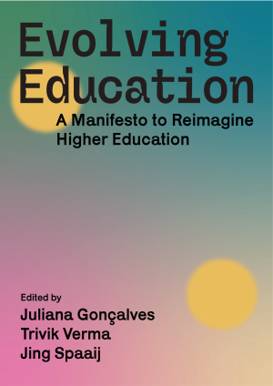 Colourful, abstract gradient background with blue, pink, and yellow elements.